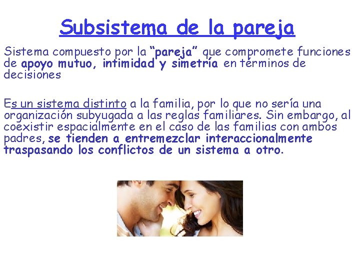 Subsistema de la pareja Sistema compuesto por la “pareja” que compromete funciones de apoyo Subsistema de la pareja Sistema compuesto por la “pareja” que compromete funciones de apoyo