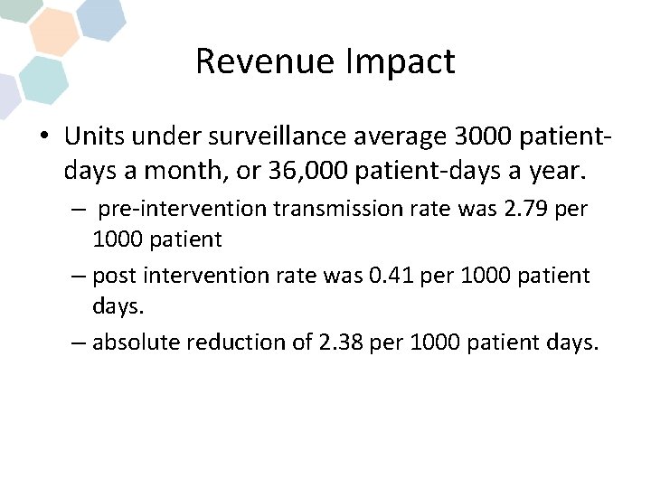 Revenue Impact • Units under surveillance average 3000 patientdays a month, or 36, 000