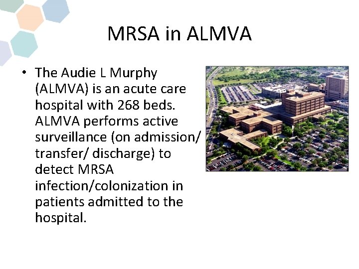 MRSA in ALMVA • The Audie L Murphy (ALMVA) is an acute care hospital