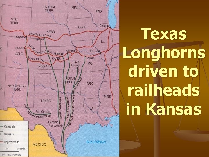 Texas Longhorns driven to railheads in Kansas 