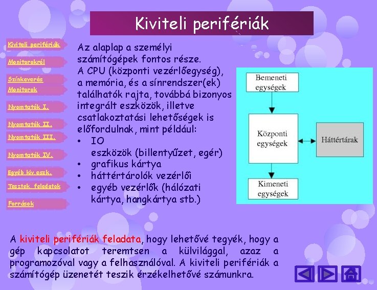 Kiviteli perifériák Monitorokról Színkeverés Monitorok Nyomtatók III. Nyomtatók IV. Egyéb kiv. eszk. Tesztek, feladatok