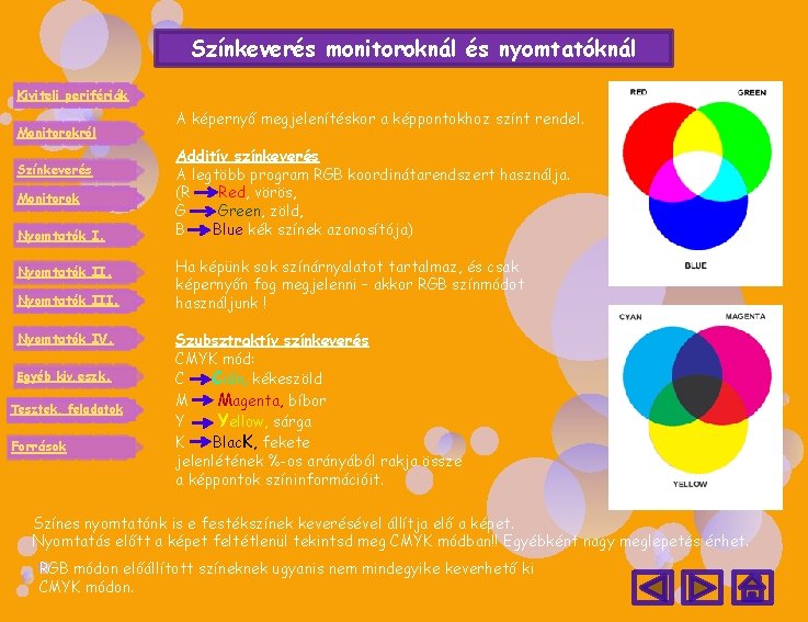 Színkeverés monitoroknál és nyomtatóknál Kiviteli perifériák Monitorokról Színkeverés Monitorok Nyomtatók III. Nyomtatók IV. Egyéb