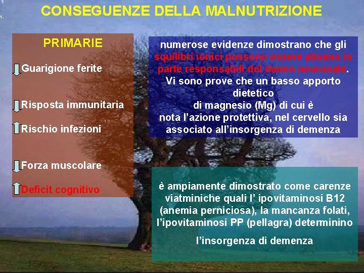 CONSEGUENZE DELLA MALNUTRIZIONE PRIMARIE Guarigione ferite Risposta immunitaria Rischio infezioni numerose evidenze dimostrano che