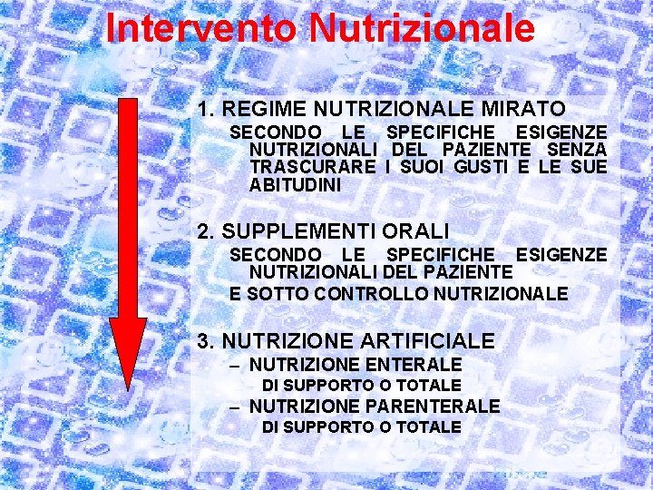 Intervento Nutrizionale 1. REGIME NUTRIZIONALE MIRATO SECONDO LE SPECIFICHE ESIGENZE NUTRIZIONALI DEL PAZIENTE SENZA