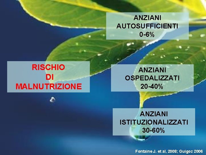 ANZIANI AUTOSUFFICIENTI 0 -6% RISCHIO DI MALNUTRIZIONE ANZIANI OSPEDALIZZATI 20 -40% ANZIANI ISTITUZIONALIZZATI 30