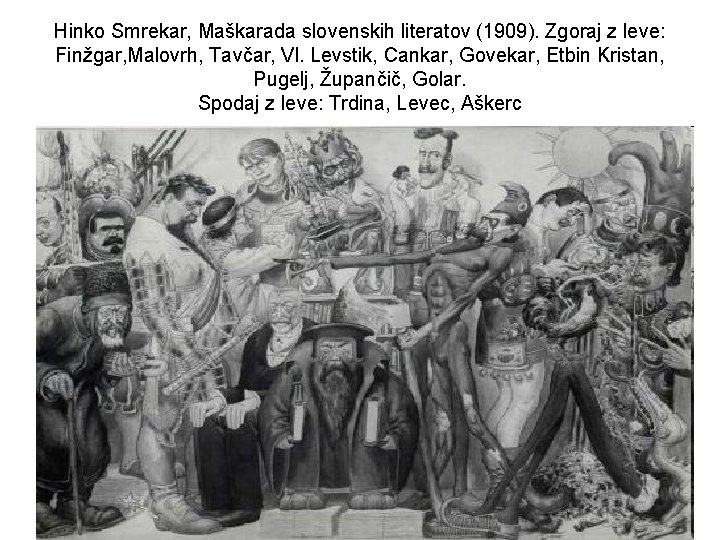 Hinko Smrekar, Maškarada slovenskih literatov (1909). Zgoraj z leve: Finžgar, Malovrh, Tavčar, Vl. Levstik,