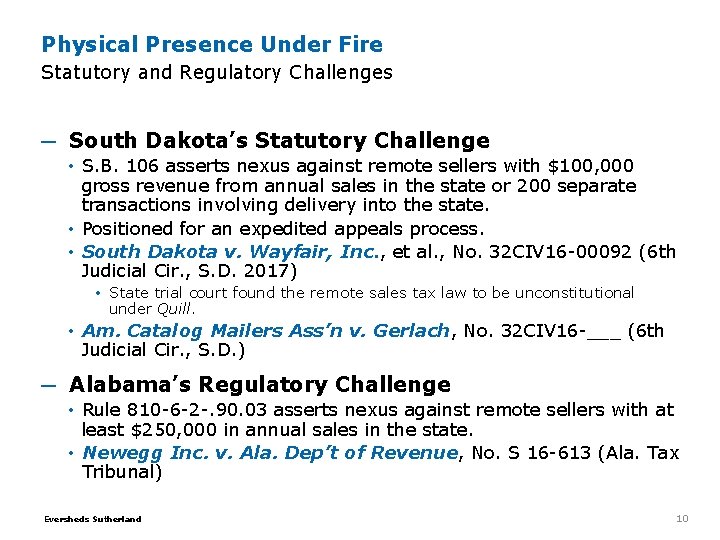 Physical Presence Under Fire Statutory and Regulatory Challenges ─ South Dakota’s Statutory Challenge • Physical Presence Under Fire Statutory and Regulatory Challenges ─ South Dakota’s Statutory Challenge •
