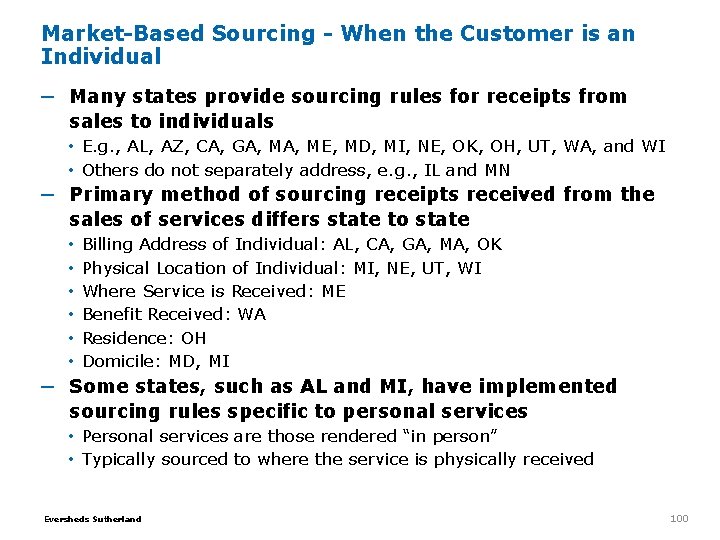 Market-Based Sourcing - When the Customer is an Individual ─ Many states provide sourcing Market-Based Sourcing - When the Customer is an Individual ─ Many states provide sourcing