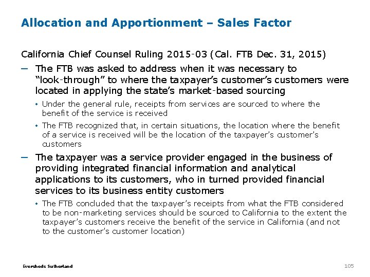 Allocation and Apportionment – Sales Factor California Chief Counsel Ruling 2015‑ 03 (Cal. FTB Allocation and Apportionment – Sales Factor California Chief Counsel Ruling 2015‑ 03 (Cal. FTB