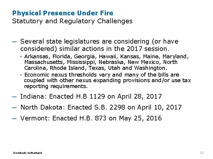 Physical Presence Under Fire Statutory and Regulatory Challenges ─ Several state legislatures are considering Physical Presence Under Fire Statutory and Regulatory Challenges ─ Several state legislatures are considering