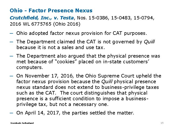 Ohio - Factor Presence Nexus Crutchfield, Inc. , v. Testa, Nos. 15 -0386, 15 Ohio - Factor Presence Nexus Crutchfield, Inc. , v. Testa, Nos. 15 -0386, 15