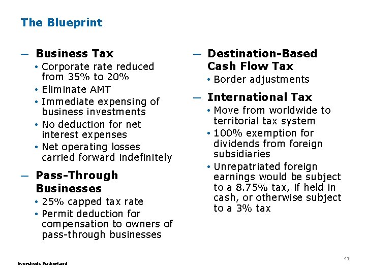 The Blueprint ─ Business Tax • Corporate reduced from 35% to 20% • Eliminate The Blueprint ─ Business Tax • Corporate reduced from 35% to 20% • Eliminate