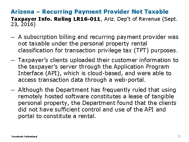 Arizona – Recurring Payment Provider Not Taxable Taxpayer Info. Ruling LR 16 -011, Ariz. Arizona – Recurring Payment Provider Not Taxable Taxpayer Info. Ruling LR 16 -011, Ariz.