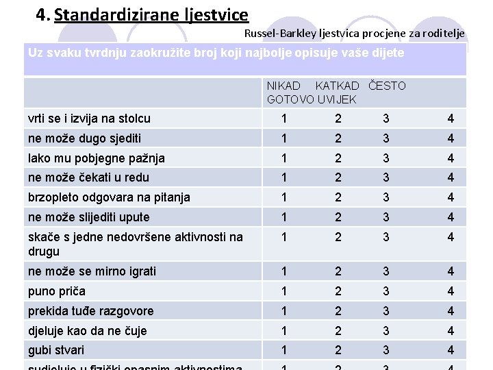 4. Standardizirane ljestvice Russel-Barkley ljestvica procjene za roditelje Uz svaku tvrdnju zaokružite broj koji