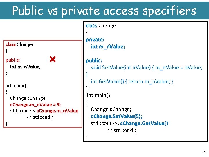 Public vs private access specifiers class Change { public: int m_n. Value; }; int