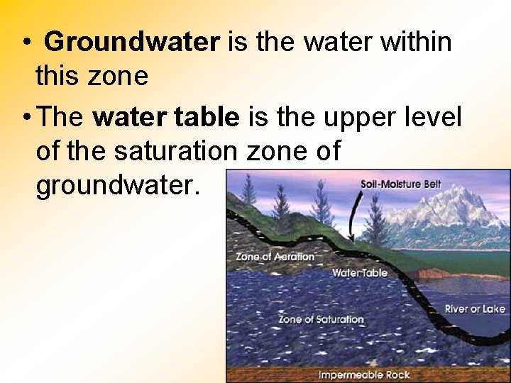  • Groundwater is the water within this zone • The water table is