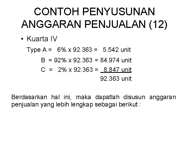 CONTOH PENYUSUNAN ANGGARAN PENJUALAN (12) • Kuarta IV Type A = 6% x 92.