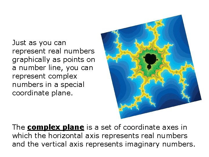 Just as you can represent real numbers graphically as points on a number line,