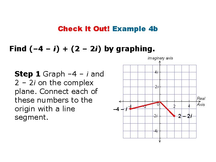 Check It Out! Example 4 b Find (– 4 – i) + (2 –