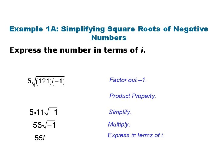 Example 1 A: Simplifying Square Roots of Negative Numbers Express the number in terms