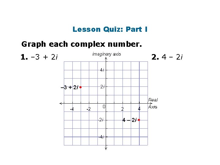 Lesson Quiz: Part I Graph each complex number. 1. – 3 + 2 i