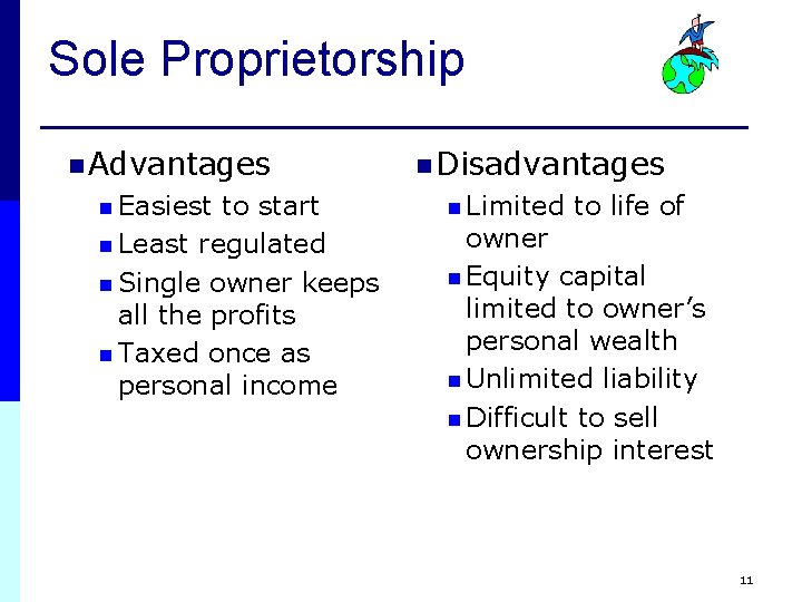 Sole Proprietorship n Advantages n Easiest to start n Least regulated n Single owner Sole Proprietorship n Advantages n Easiest to start n Least regulated n Single owner