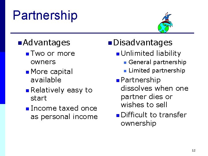 Partnership n Advantages n Two or more owners n More capital available n Relatively Partnership n Advantages n Two or more owners n More capital available n Relatively