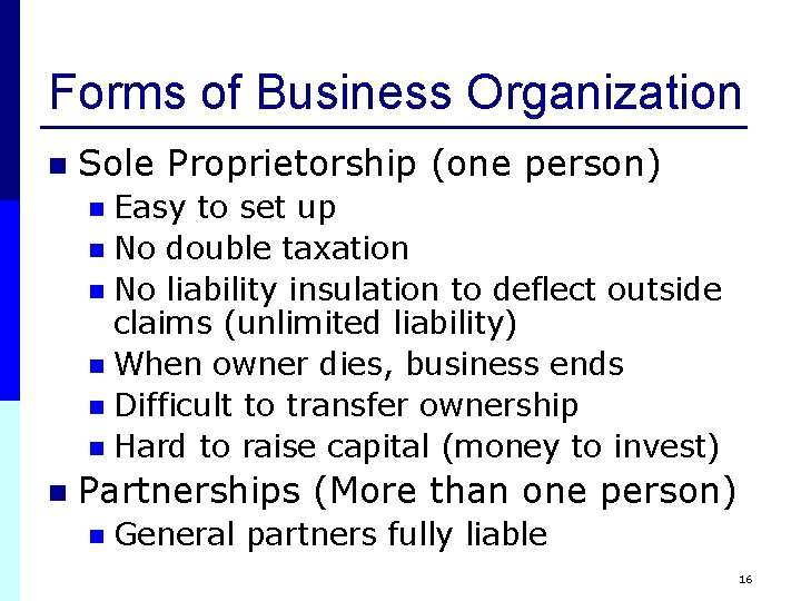 Forms of Business Organization n Sole Proprietorship (one person) Easy to set up n Forms of Business Organization n Sole Proprietorship (one person) Easy to set up n