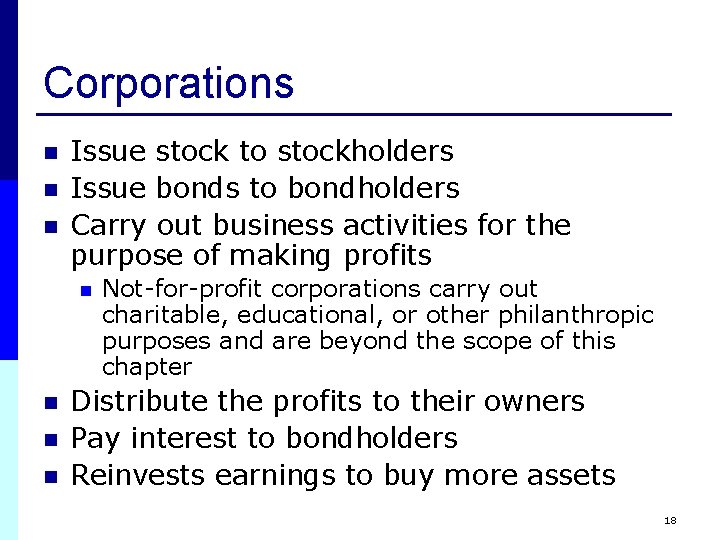 Corporations n n n Issue stock to stockholders Issue bonds to bondholders Carry out Corporations n n n Issue stock to stockholders Issue bonds to bondholders Carry out