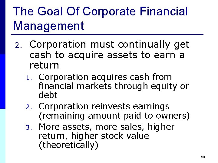 The Goal Of Corporate Financial Management 2. Corporation must continually get cash to acquire The Goal Of Corporate Financial Management 2. Corporation must continually get cash to acquire