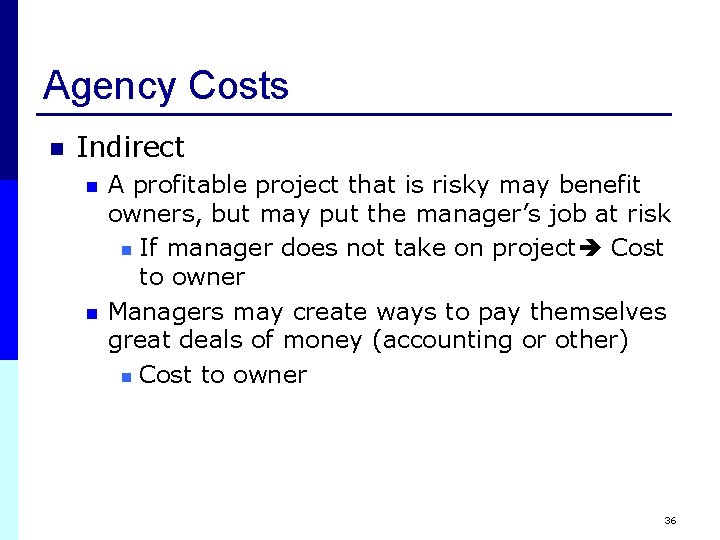 Agency Costs n Indirect n n A profitable project that is risky may benefit Agency Costs n Indirect n n A profitable project that is risky may benefit