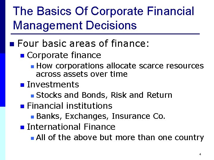 The Basics Of Corporate Financial Management Decisions n Four basic areas of finance: n The Basics Of Corporate Financial Management Decisions n Four basic areas of finance: n