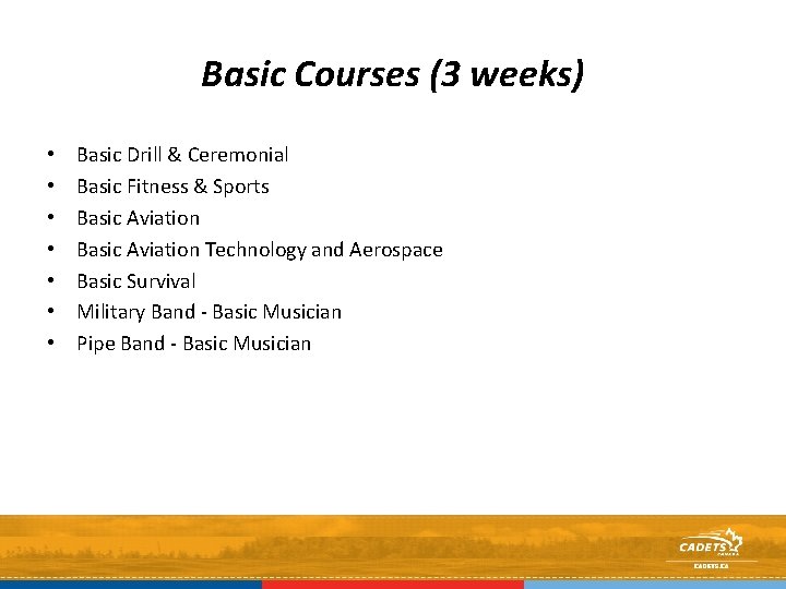 Basic Courses (3 weeks) • • Basic Drill & Ceremonial Basic Fitness & Sports