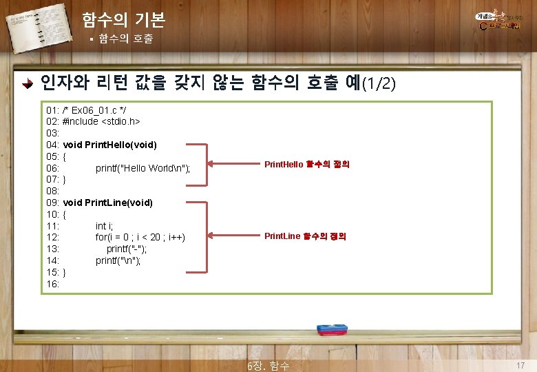 함수의 기본 § 함수의 호출 인자와 리턴 값을 갖지 않는 함수의 호출 예(1/2) 01: