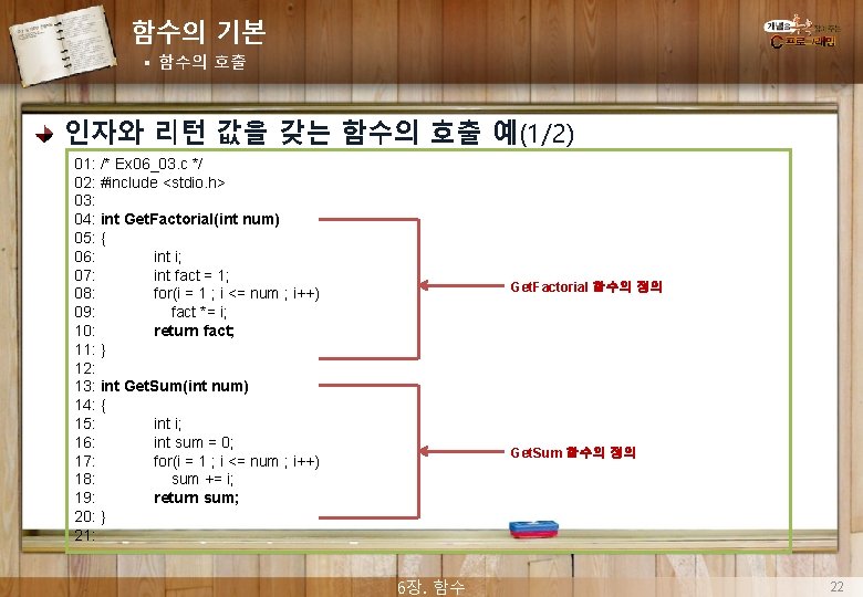 함수의 기본 § 함수의 호출 인자와 리턴 값을 갖는 함수의 호출 예(1/2) 01: /*