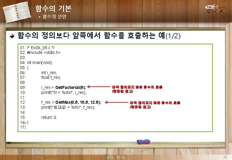 함수의 기본 § 함수의 선언 함수의 정의보다 앞쪽에서 함수를 호출하는 예(1/2) 01: /* Ex