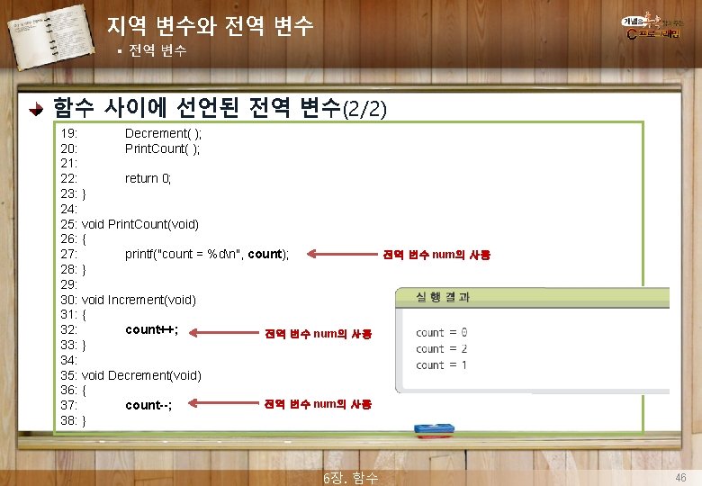 지역 변수와 전역 변수 § 전역 변수 함수 사이에 선언된 전역 변수(2/2) 19: Decrement(