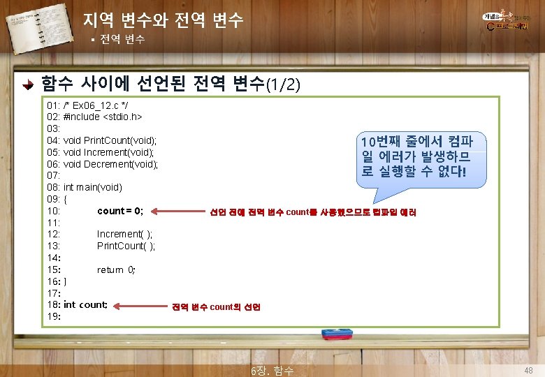 지역 변수와 전역 변수 § 전역 변수 함수 사이에 선언된 전역 변수(1/2) 01: /*