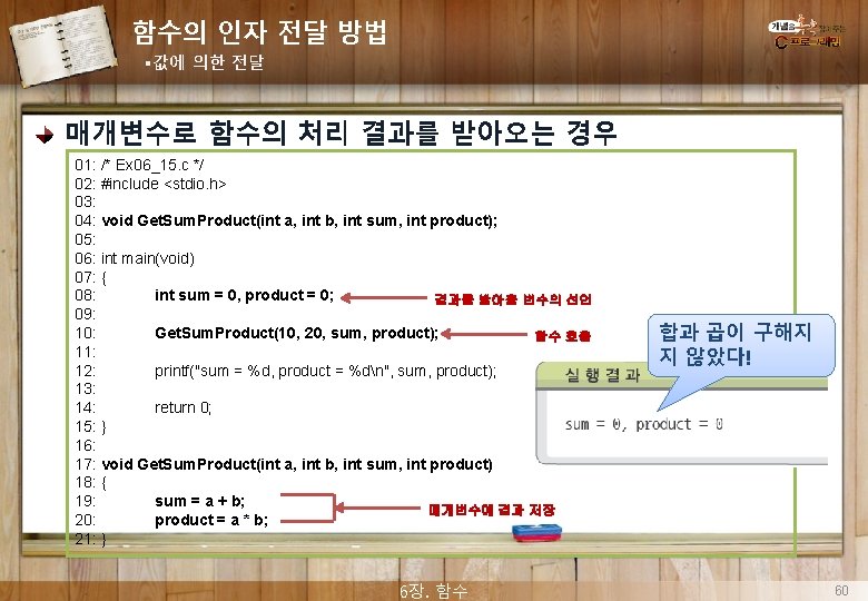 함수의 인자 전달 방법 §값에 의한 전달 매개변수로 함수의 처리 결과를 받아오는 경우 01: