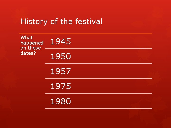 History of the festival What happened on these dates? 1945 1950 1957 1975 1980