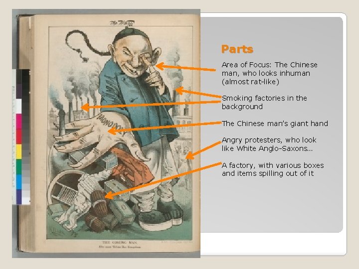 Parts Area of Focus: The Chinese man, who looks inhuman (almost rat-like) Smoking factories