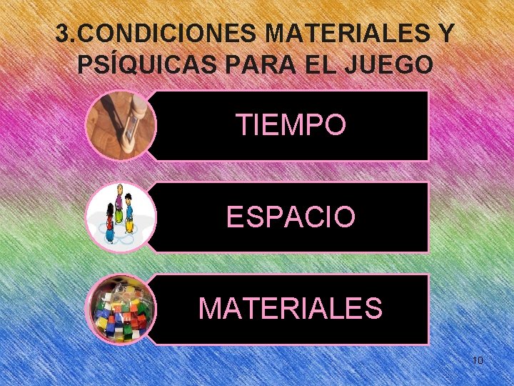 3. CONDICIONES MATERIALES Y PSÍQUICAS PARA EL JUEGO TIEMPO ESPACIO MATERIALES 10 