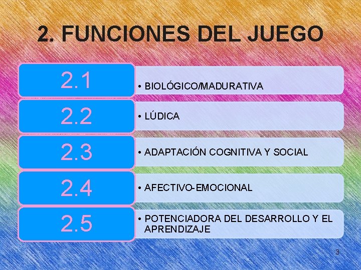 2. FUNCIONES DEL JUEGO 2. 1 • BIOLÓGICO/MADURATIVA 2. 2 • LÚDICA 2. 3