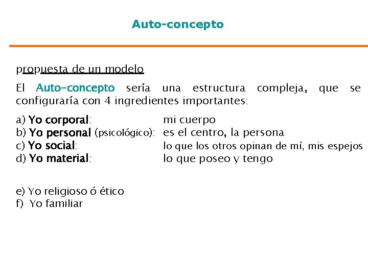 Auto-concepto propuesta de un modelo El Auto-concepto sería una estructura compleja, configuraría con 4