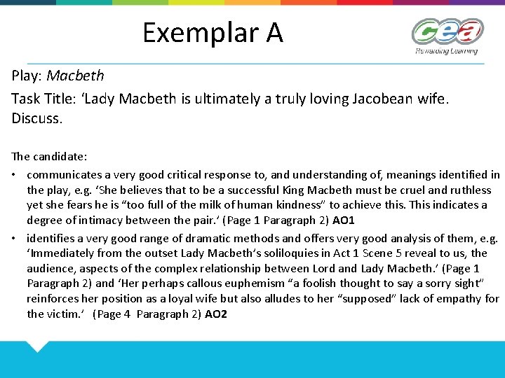 Exemplar A Play: Macbeth Task Title: ‘Lady Macbeth is ultimately a truly loving Jacobean