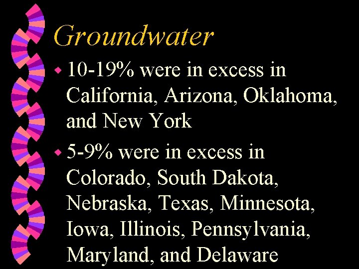 Groundwater w 10 -19% were in excess in California, Arizona, Oklahoma, and New York