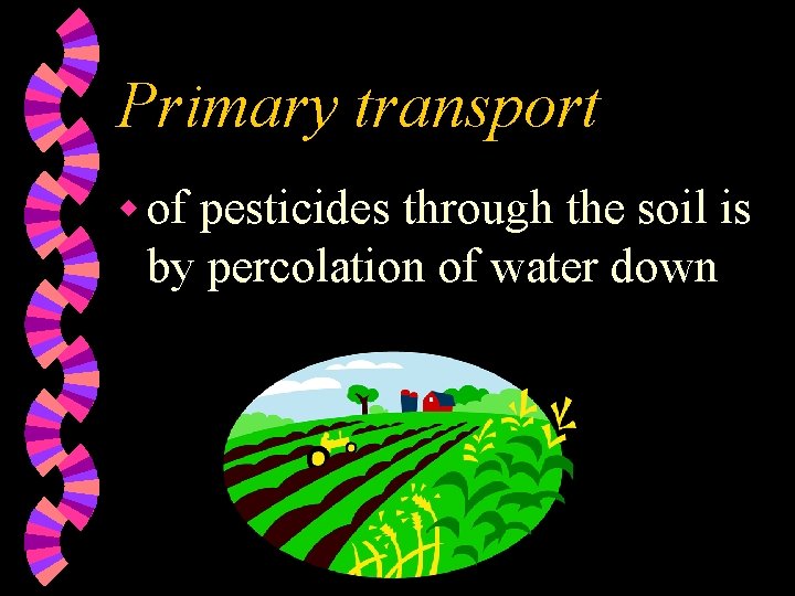 Primary transport w of pesticides through the soil is by percolation of water down
