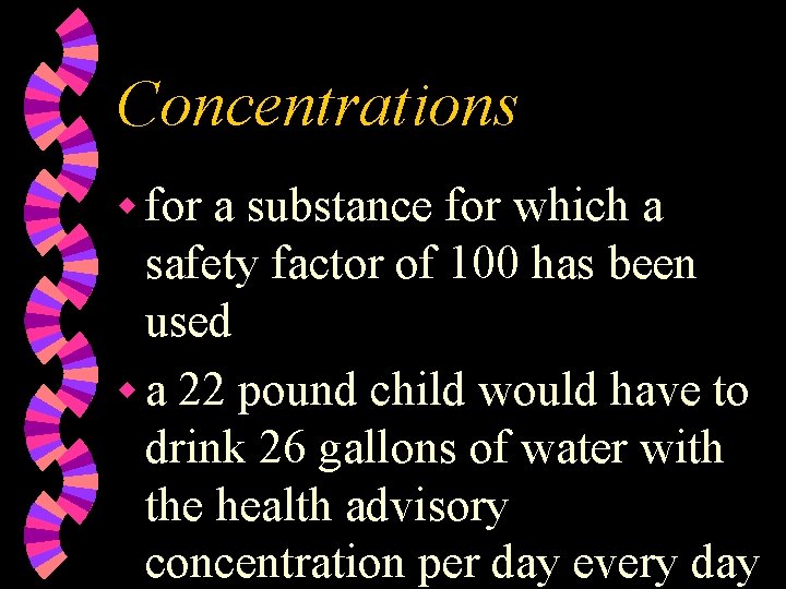 Concentrations w for a substance for which a safety factor of 100 has been