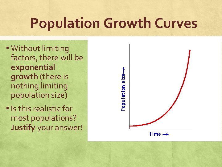 Population Growth Curves ▪ Without limiting factors, there will be exponential growth (there is