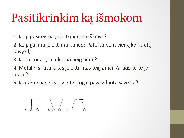 Pasitikrinkim ką išmokom 1. Kaip pasireiškia įelektrinimo reiškinys? 2. Kaip galima įelektrinti kūnus? Pateikti